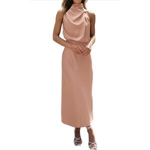 NEW Satin Dress Sleeveless Mock Neck Wedding Guest S